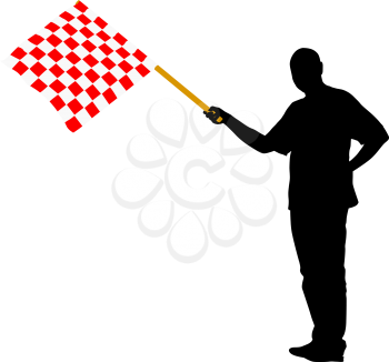 Man waving at the finish of the red white, checkered flag. Vector illustration.