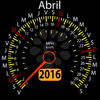 2016 year calendar speedometer car in Spanish, April. Vector illustration.