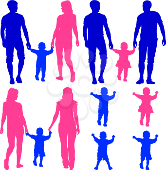 Blue, pink silhouettes Gay, lesbian couples and family with children on white background. Vector illustration.