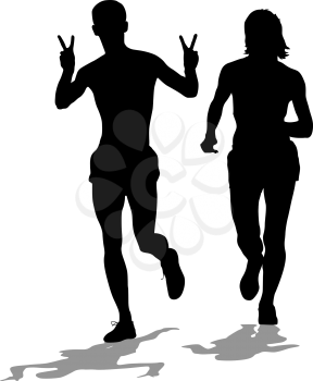 Set of silhouettes. Runners on sprint men and woman. Vector illustration.