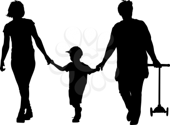 Black silhouette of mother, grandmother and grandson walking with scooter in the hands. Vector illustration.