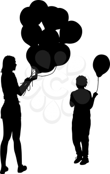 Black silhouettes of woman gives child a balloon on white background. Vector illustration.