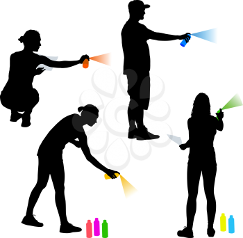 Set silhouette man and woman holding a spray on a white background. Vector illustration.