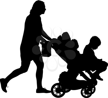 Black silhouettes Family with pram on white background. Vector illustration.
