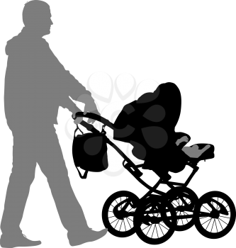 Black silhouettes father with pram on white background. Vector illustration.