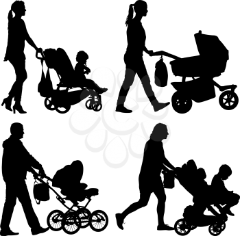 Set black silhouettes Family with pram on white background. Vector illustration.