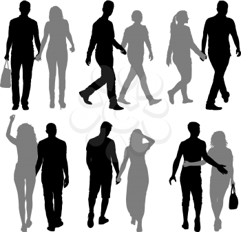 Set Silhouette man and woman walking hand in hand.