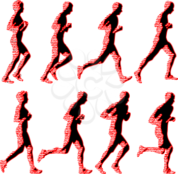 Set of silhouettes. Runners on sprint, men and woman.