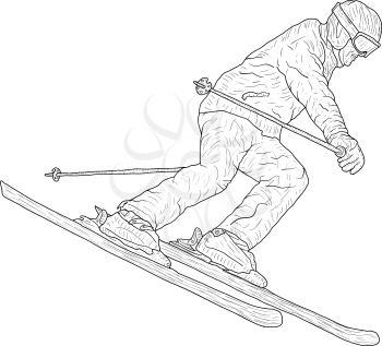 Mountain slalom skier silhouette sketch on white background.