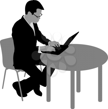 Black silhouette man sitting behind computer, on a white background.