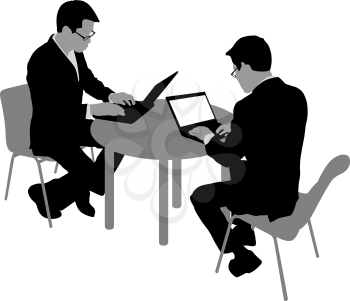 Black silhouette two men sitting behind computer, on a white background.