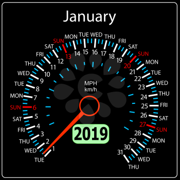 The 2019 year calendar speedometer a car January.