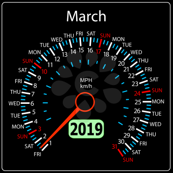 The 2019 year calendar speedometer a car March.