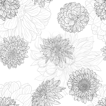 Beautiful monochrome sketch, black and white dahlia flower seamless wallpaper.