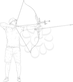 Sketches silhouettes attractive male archer bending a bow and aiming in the target.