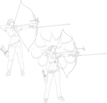 Set Sketches silhouettes attractive female and male archer bending a bow and aiming in the target.