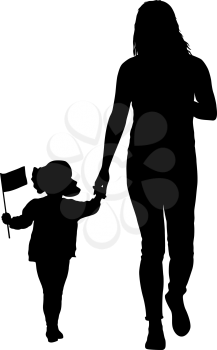 Silhouette of happy family with flag in hand on a white background.