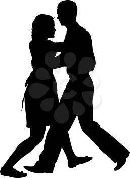 Black silhouettes dancing man and woman on white background.