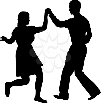 Black silhouettes dancing man and woman on white background.