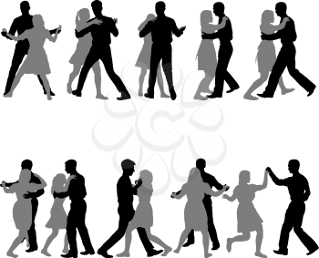 Black set silhouettes dancing man and woman on white background.