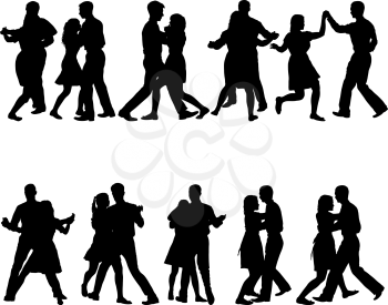 Black set silhouettes dancing man and woman on white background.