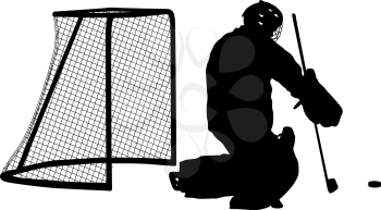 Silhouette of hockey goalkeeper on white background.