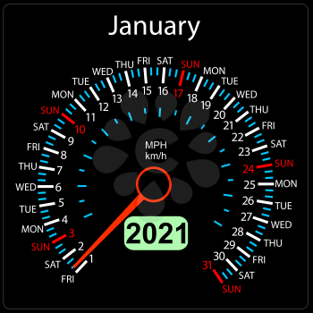 The 2021 year calendar speedometer a car January.