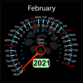 The 2021 year calendar speedometer a car February.