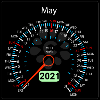 The 2021 year calendar speedometer a car May.