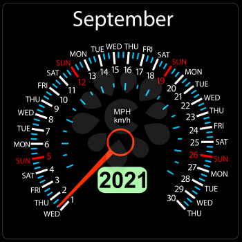 The 2021 year calendar speedometer a car September.
