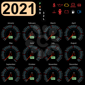 Calendar 2021 year from the car dashboard speedometer.