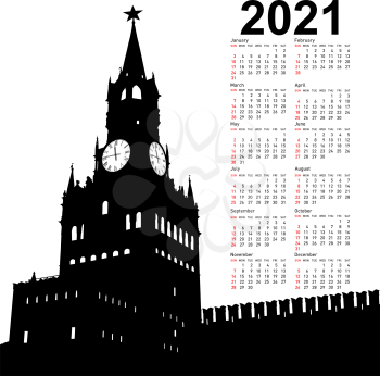 Stylish calendar with Moscow, Russia, Kremlin Spasskaya Tower with clock for 2021.