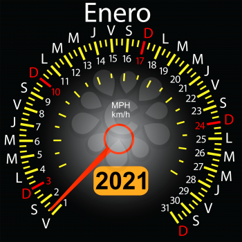 2021 year calendar speedometer car in Spanish January.