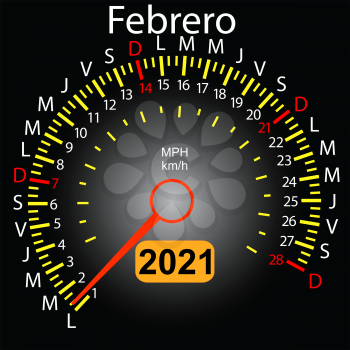2021 year calendar speedometer car in Spanish February.
