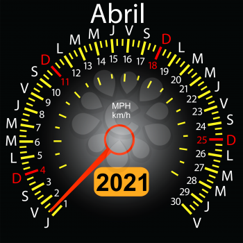 2021 year calendar speedometer car in Spanish April.