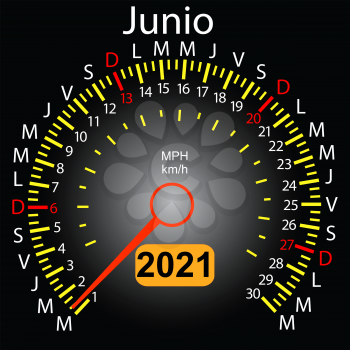2021 year calendar speedometer car in Spanish June.