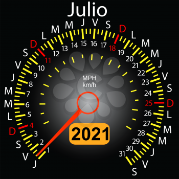 2021 year calendar speedometer car in Spanish July.