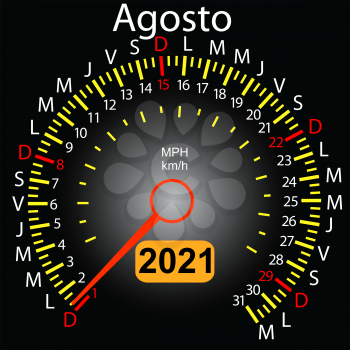 2021 year calendar speedometer car in Spanish August.