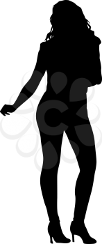 Black silhouettes dancing woman on white background.