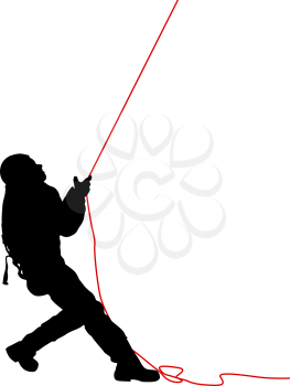 Black silhouette craftsman pulling rope on white background.