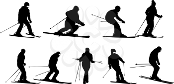Set mountain skier speeding down slope sport silhouette.