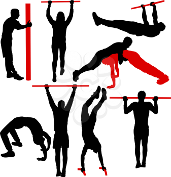 Set of acrobats in different stances silhouette on a white background.