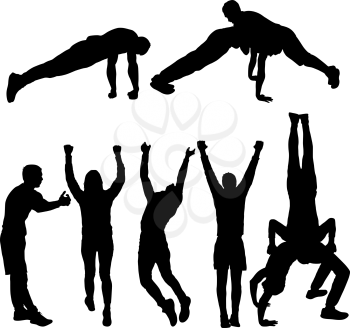 Set of acrobats in different stances silhouette on a white background.