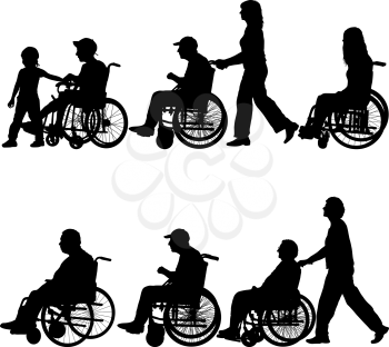 Silhouettes disabled in a wheel chair on a white background.
