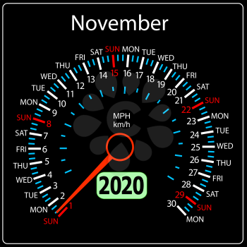 The 2020 year calendar speedometer a car November.