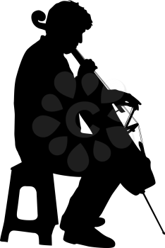 Silhouettes a musician playing the cello on a white background.