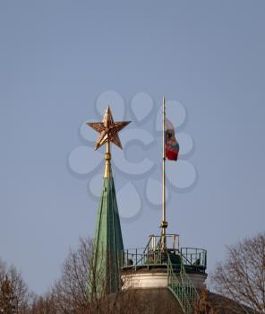 MOSCOW , RUSSIA, June 10, 2019: Ruby star on the spire of the Spasskaya Tower of the Moscow Kremlin on June 10, 2019 in Moscow, Russia.
