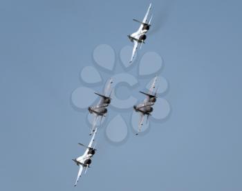 Moscow Russia Zhukovsky Airfield 31 August 2019: Aerobatic teams Falcons Of Russia on planes Su-30 of the international aerospace salon MAKS-2019.