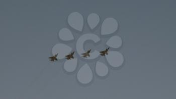 MOSCOW - MAY 7: Four fighters Mig-31 fly in sky on training parade in honor of Great Patriotic War victory on May 7, 2019 in Moscow, Russia.
