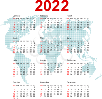 Calendar 2022 with world map. Week starts on Sunday.